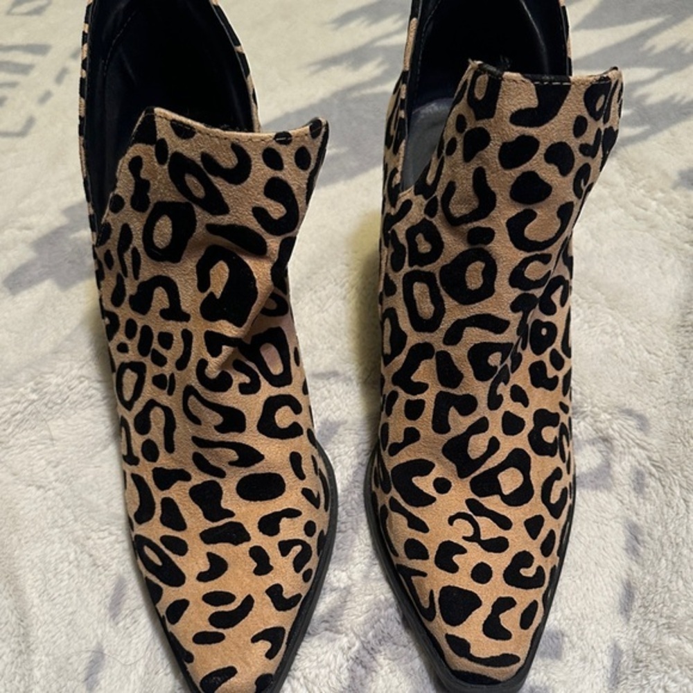 Qupid Tan and Black Leopard pointed toe slip on Ankle Booties